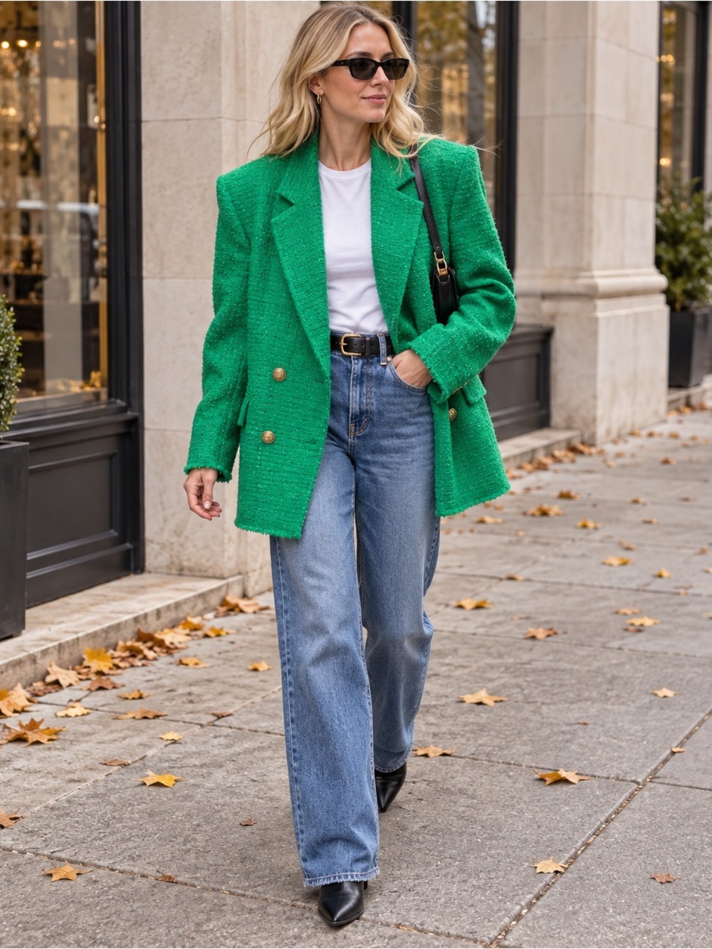 ZARA BLOGGER FAV Green Tweed Oversized Blazer Small Double Breasted Gold Buttons